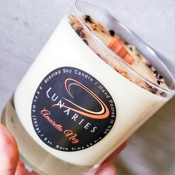 Amaretto Nog Soy Wax Candle w/ Wood Wick and Botanicals - Picture 5 of 10
